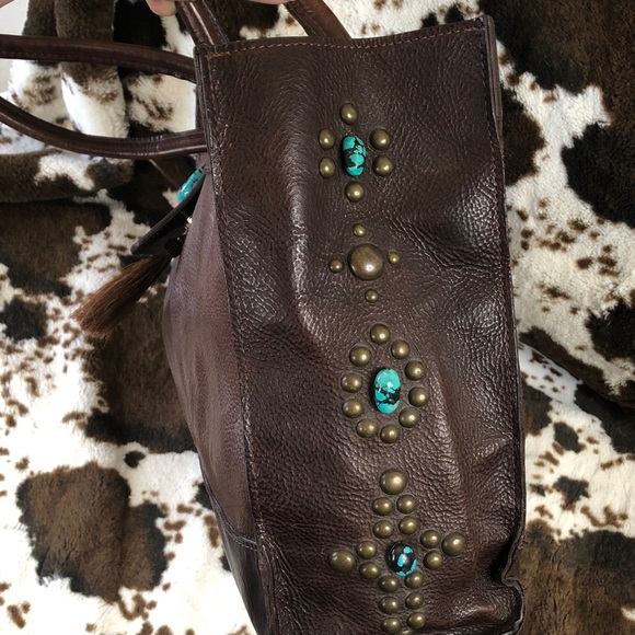 Big Two Bar West McFadin Leather Tote Bag Studded Turquoise Horse Hair Tassel - Picture 11 of 15